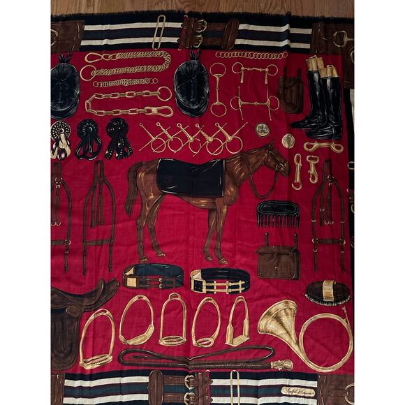 Ralph Lauren equestrian wool Silk horse Scarf Black Red 50x50” large READ - Picture 2 of 16